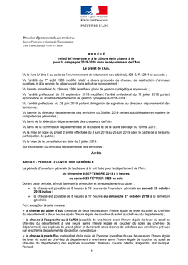 Arrêté Relatif À L'ouverture Et À La Clôture De La Chasse