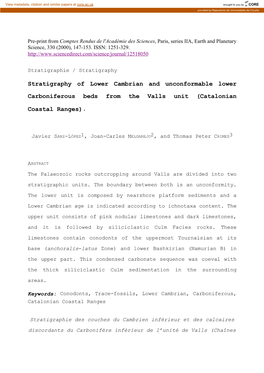 Stratigraphy of Lower Cambrian and Unconformable Lower Carboniferous Beds from the Valls Unit (Catalonian Coastal Ranges)