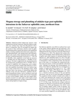 Magma Storage and Plumbing of Adakite-Type Post-Ophiolite Intrusions in the Sabzevar Ophiolitic Zone, Northeast Iran