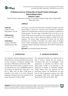 Preliminary Survey of Butterflies in Dapoli Taluka of Ratnagiri District,Maharashtra Babasaheb P