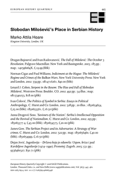 Slobodan Milosv Evic´ 'S Place in Serbian History