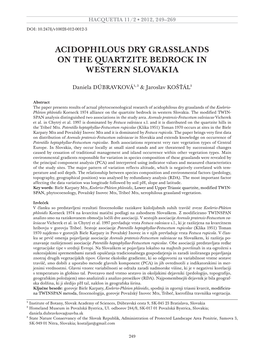 Acidophilous Dry Grasslands on the Quartzite Bedrock in Western Slovakia