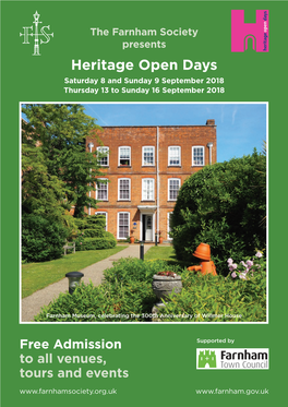 Heritage Open Days Saturday 8 and Sunday 9 September 2018 Thursday 13 to Sunday 16 September 2018