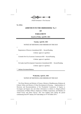 ADDENDUM to the ORDER BOOK No. 3 of PARLIAMENT Issued on Friday, April 09, 2021