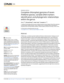 Complete Chloroplast Genome of Seven Fritillaria Species, Variable DNA Markers Identification and Phylogenetic Relationships Within the Genus