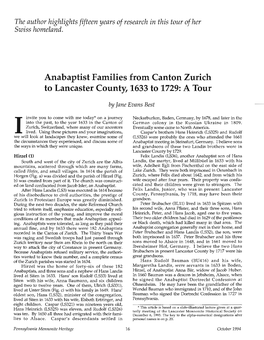 Anabaptist Families from Canton Zurich to Lancaster County, 1633 to 1729: a Tour