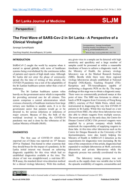 Sri Lanka Journal of Medicine the First Wave of SARS-Cov-2 in Sri