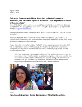 Goldman Environmental Prize Awarded to Berta Caceres Of