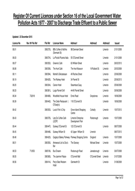 Register of Current Licences Under Section 16 of the Local Government Water Pollution Acts 1977 - 2007 to Discharge Trade Effluent to a Public Sewer