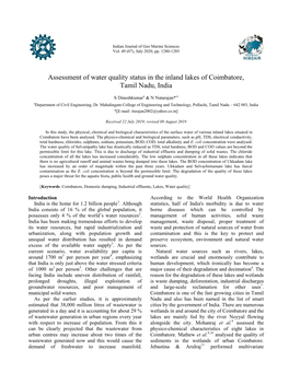 Assessment of Water Quality Status in the Inland Lakes of Coimbatore, Tamil Nadu, India