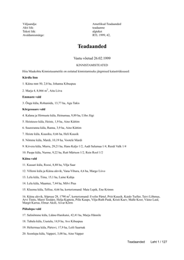 Teadaanded Akti Liik: Teadaanne Teksti Liik: Algtekst Avaldamismärge: RTL 1999, 42