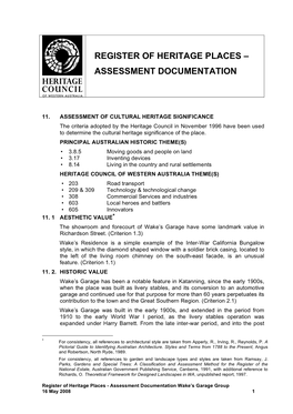 Register of Heritage Places – Assessment Documentation