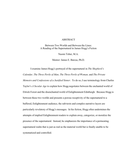 A Reading of the Supernatural in James Hogg's Fiction Naomi Tober