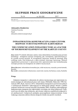 Infrastruktura Komunikacyjna Jako Czynnik Rozwoju Turystyki Powiatu Kartuskiego