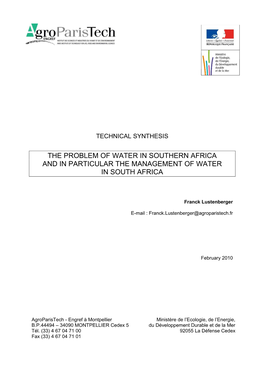 The Problem of Water in Southern Africa and in Particular the Management of Water in South Africa