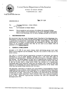 Proposed Finding Ag.:Iinst Federal Acknowledgment of the Lower Muskogee Creek Tribe­ E;;Ist of the Mississippi, Inc