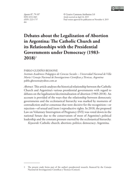 Debates About the Legalization of Abortion in Argentina: the Catholic Church and Its Relationships with the Presidential Governments Under Democracy (1983- 2018)1