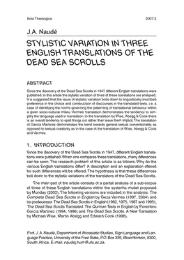 Stylistic Variation in Three English Translations of the Dead Sea Scrolls