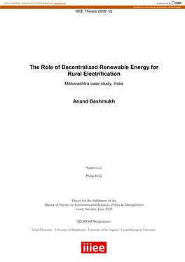 The Role of Decentralized Renewable Energy for Rural Electrification