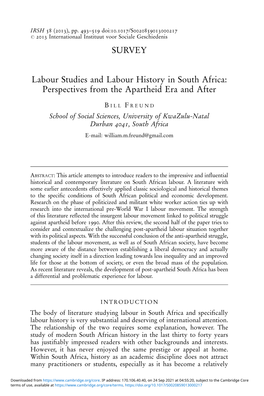 SURVEY Labour Studies and Labour History in South Africa
