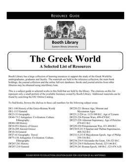 The Greek World a Selected List of Resources