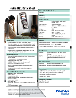 Nokia N91 Data Sheet Planned Market Introduction: Q4 2005