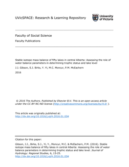 Stable Isotope Mass Balance of Fifty Lakes in Central Alberta: Assessing the Role of Water Balance Parameters in Determining Trophic Status and Lake Level