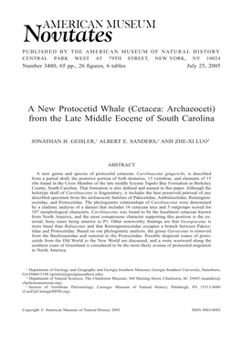 (Cetacea: Archaeoceti) from the Late Middle Eocene of South Carolina