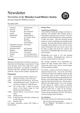 Newsletter Newsletter of the Broseley Local History Society Incorporating the Wilkinson Society