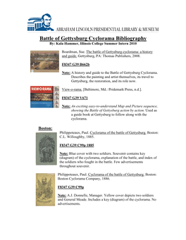 Battle of Gettysburg Cyclorama Bibliography By: Kala Hammer, Illinois College Summer Intern 2010