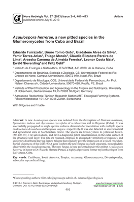 Acaulospora Herrerae, a New Pitted Species in the Glomeromycetes from Cuba and Brazil