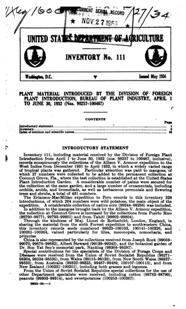 111, Including Material Received by the Division of Foreign Plant I Introduction from April 1 to June 30, 1932 (Nos