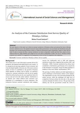 An Analysis of the Customer Satisfaction from Service Quality of Himalaya Airlines Bishnu Prasad Jamkatel1*