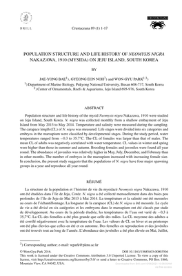 Population Structure and Life History of Neomysis Nigra Nakazawa, 1910 (Mysida) on Jeju Island, South Korea