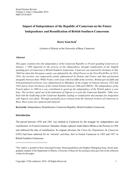 Impact of Independence of the Republic of Cameroun on the Future Independence and Reunification of British Southern Cameroons