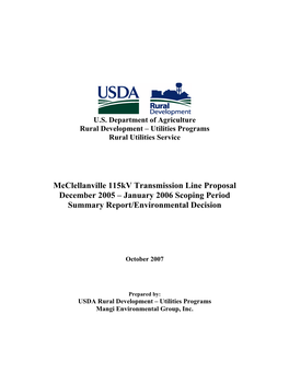Mcclellanville 115Kv Transmission Line Proposal December 2005 – January 2006 Scoping Period Summary Report/Environmental Decision