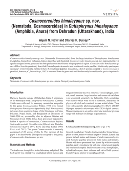 Cosmocercoides Himalayanus Sp. Nov. (Nematoda, Cosmocercidae) in Duttaphrynus Himalayanus (Amphibia, Anura) from Dehradun (Uttarakhand), India