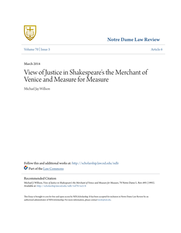 View of Justice in Shakespeare's the Merchant of Venice and Measure for Measure Michael Jay Willson