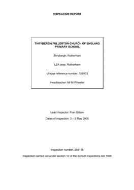 INSPECTION REPORT THRYBERGH FULLERTON CHURCH of ENGLAND PRIMARY SCHOOL Thrybergh, Rotherham LEA Area: Rotherham Unique Referenc