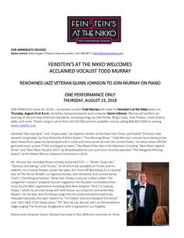 Feinstein's at the Nikko Welcomes Acclaimed