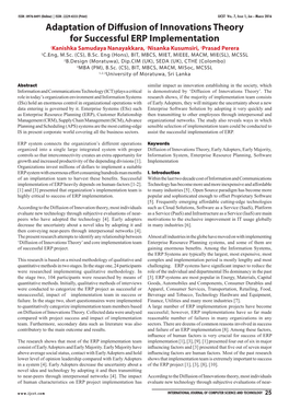 Adaptation of Diffusion of Innovations Theory for Successful ERP Implementation 1Kanishka Samudaya Nanayakkara, 2Nisanka Kusumsiri, 3Prasad Perera 1C.Eng, M.Sc