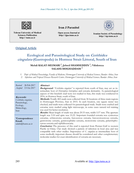 Ecological and Parasitological Study on Cerithidea Cingulata (Gastropoda) in Hormoz Strait Littoral, South of Iran