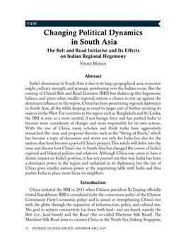 Changing Political Dynamics in South Asia the Belt and Road Initiative and Its Effects on Indian Regional Hegemony