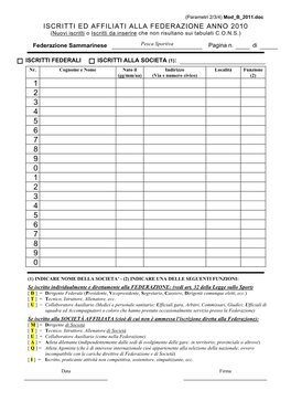 ISCRITTI ED AFFILIATI ALLA FEDERAZIONE ANNO 2010 (Nuovi Iscritti O Iscritti Da Inserire Che Non Risultano Sui Tabulati C.O.N.S.)