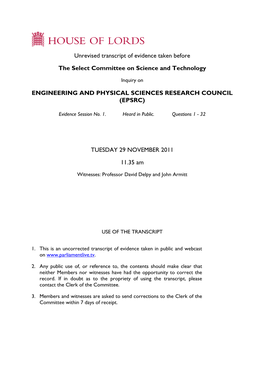 Unrevised Transcript of Evidence Taken Before the Select Committee on Science and Technology ENGINEERING and PHYSICAL SCIENCES R
