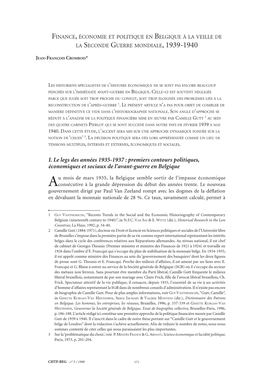 I. Le Legs Des Années 1935-1937 : Premiers Contours Politiques, Économiques Et Sociaux De L’Avant-Guerre En Belgique