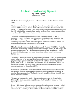 Mutual Broadcasting System by James Snyder Last Updated 2/21/04