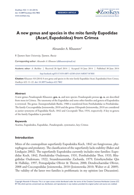 Acari, Eupodoidea) from Crimea 11 Doi: 10.3897/Zookeys.422.7802 RESEARCH ARTICLE Launched to Accelerate Biodiversity Research