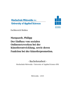 Marquardt, Philipp Der Einfluss Von Sozialen Onlinenetzwerken Bei Der Künstlerentwicklung, Sowie Deren Funktion Bei Der Künstlerpromotion