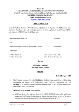 Before the MAHARASHTRA ELECTRICITY REGULATORY COMMISSION World Trade Centre, Centre No.1, 13Th Floor, Cuffe Parade, Mumbai 400005 Tel